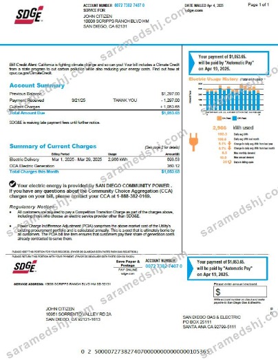 USA SDGE utility bill template in Word and PDF formats, version 2